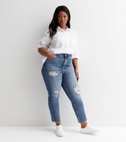 New Look Curves Blue Ripped Ankle Grazing Hannah Straight Leg Jeans